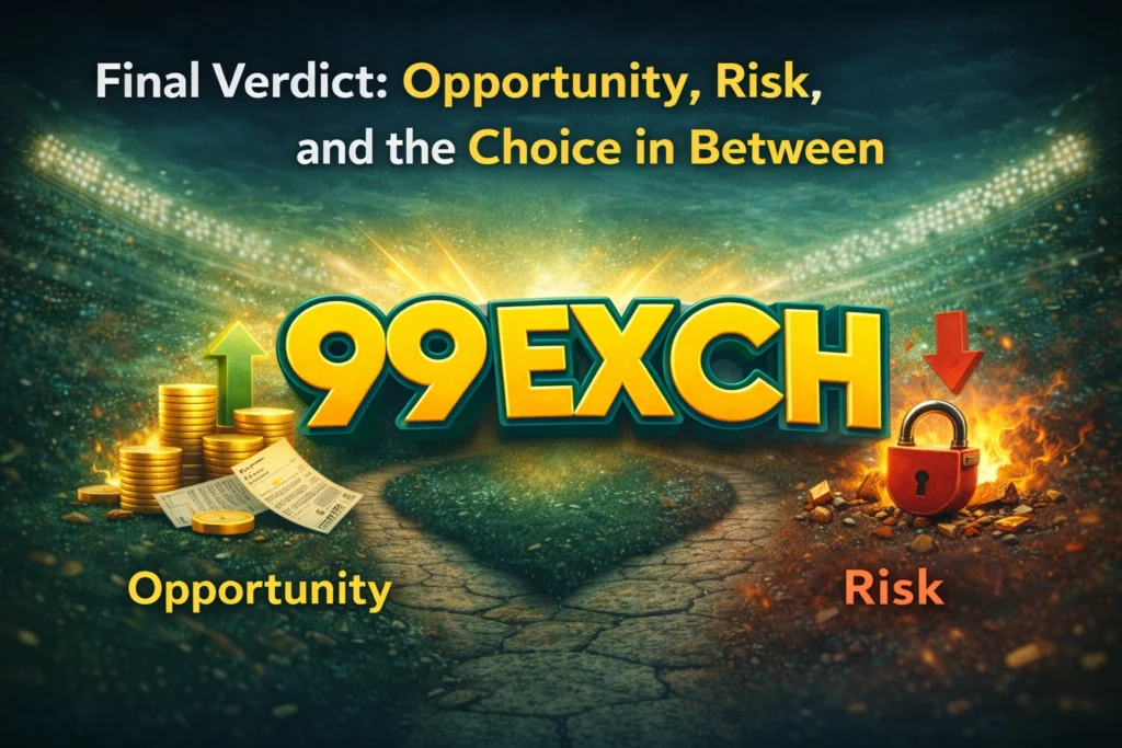 99Exch App final verdict showing opportunity vs risk concept with logo and betting visuals
