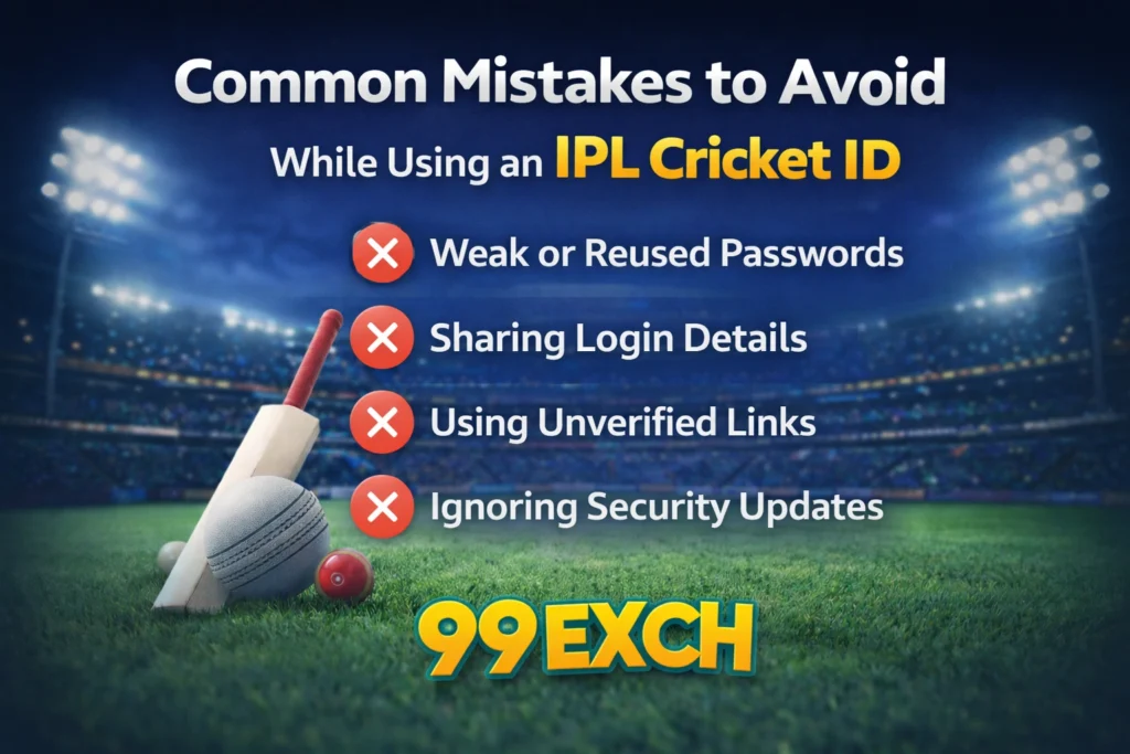 Common mistakes to avoid while using IPL Cricket ID with 99Exch logo and warning icons