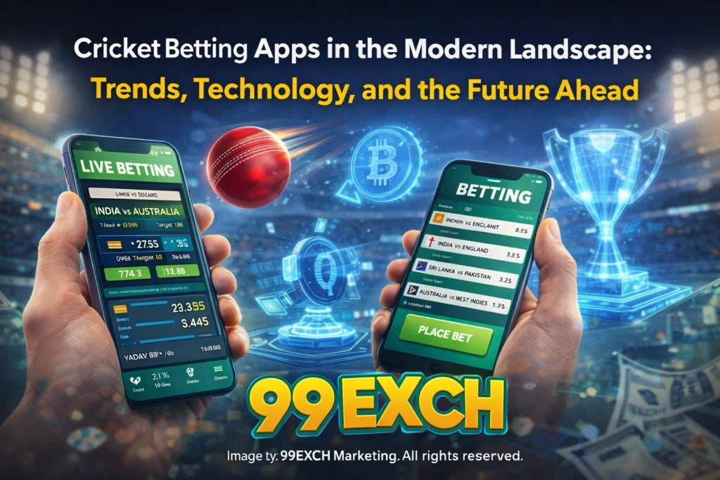 Cricket betting apps trends and future technology concept with 99EXCH logo and digital betting interface
