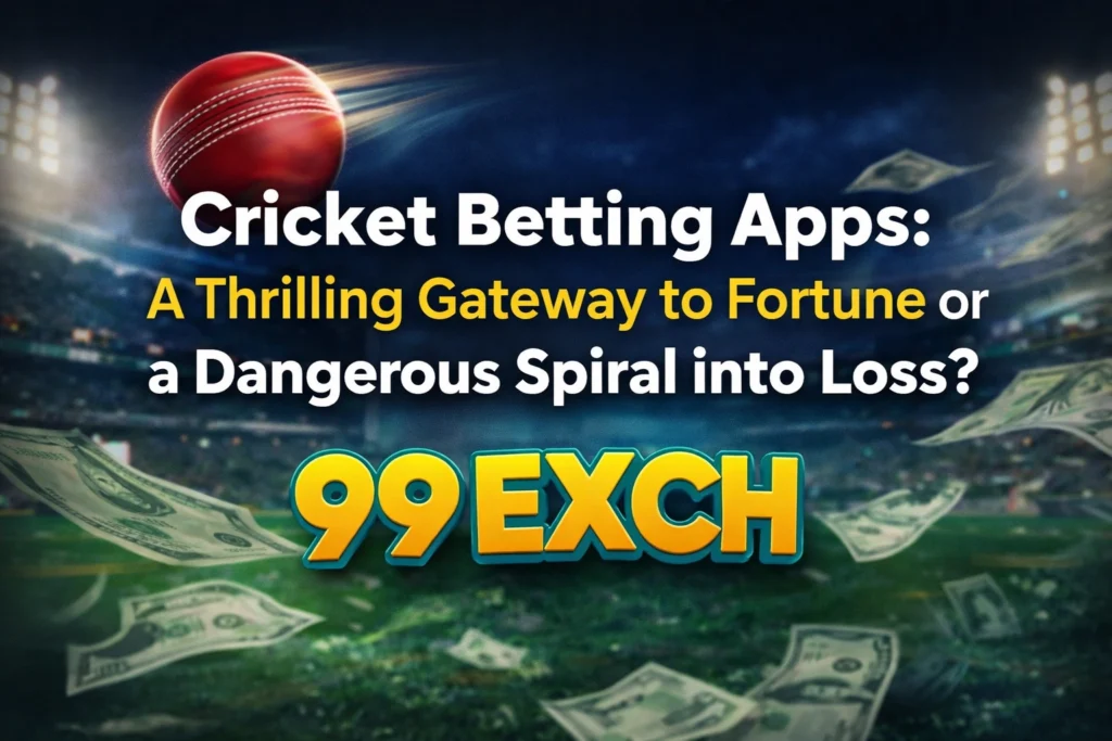 Cricket betting apps concept with 99EXCH logo showing risk vs reward between profit and loss
