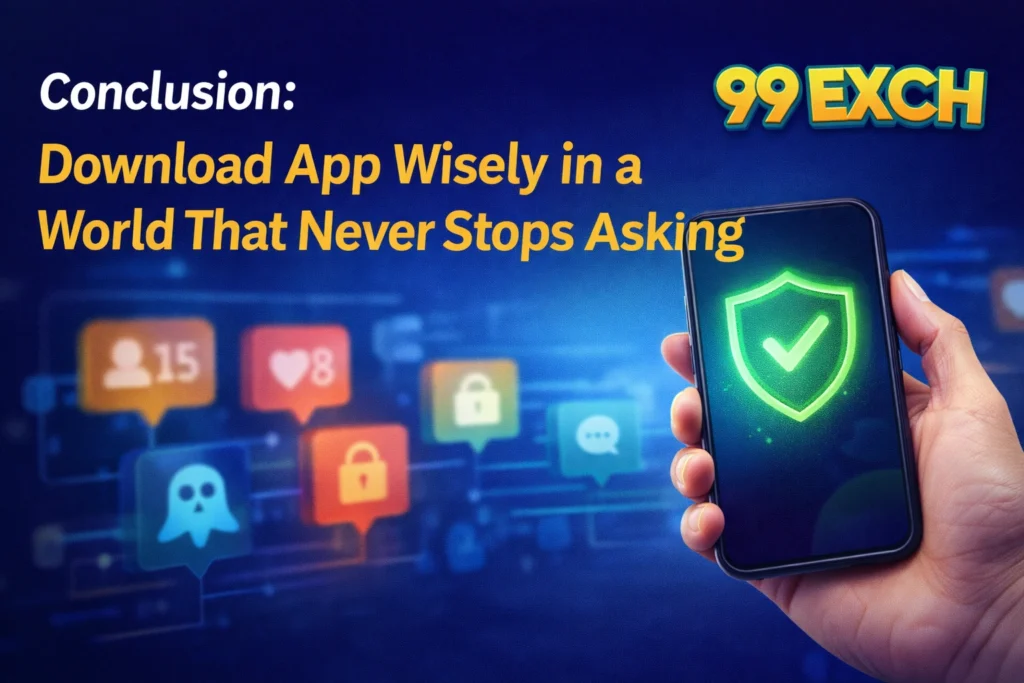 Download app wisely concept showing smartphone security shield with 99Exch logo representing safe and conscious app usage
