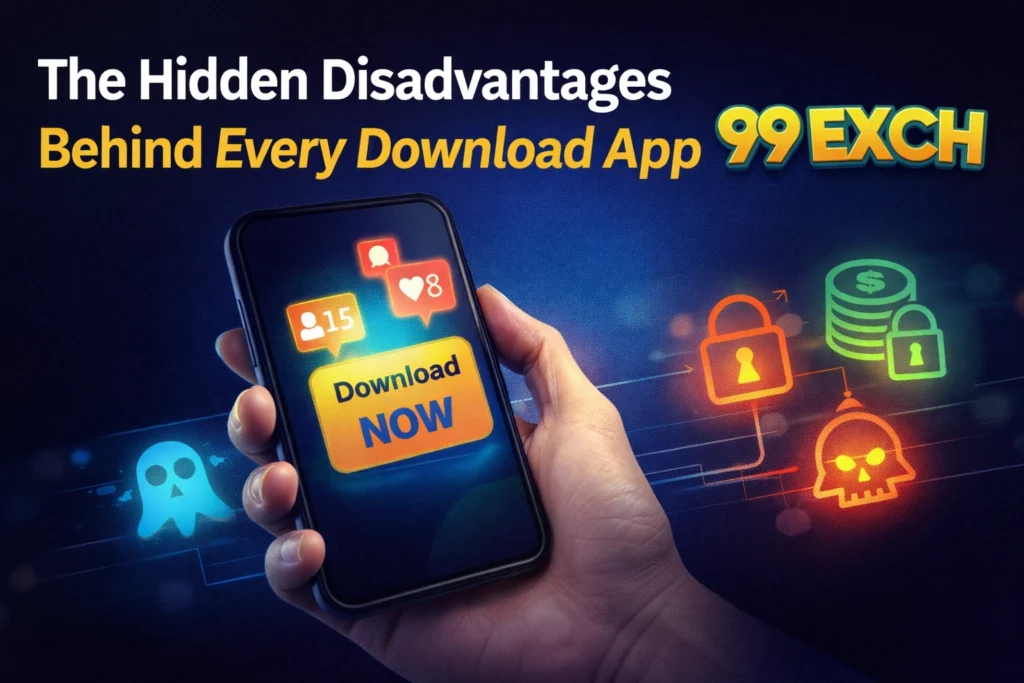 Hidden disadvantages of downloading apps showing smartphone risks like privacy, security, and digital dependency with 99Exch logo