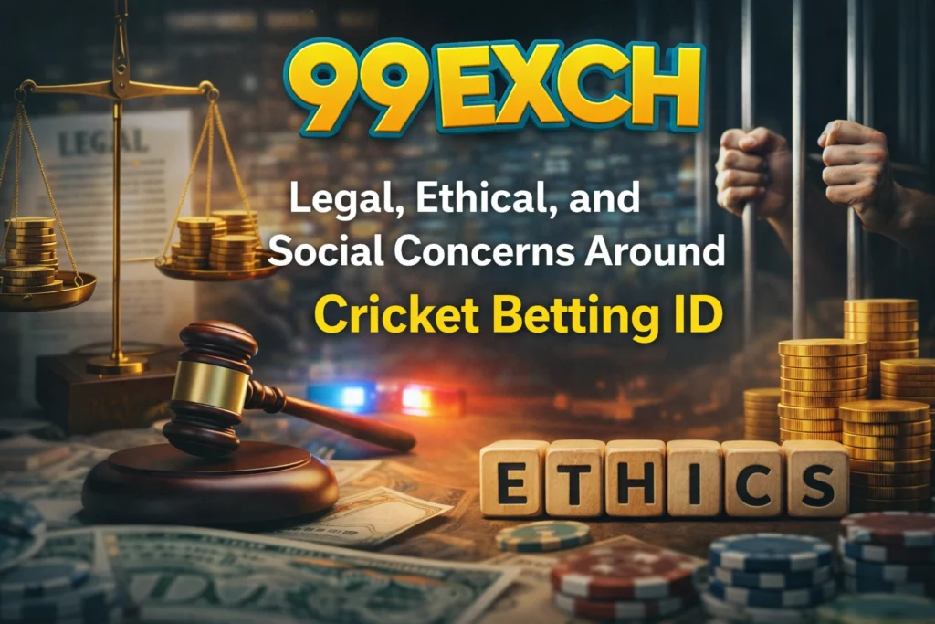 Legal and ethical issues of cricket betting ID with 99Exch logo showing risks, law, and social concerns