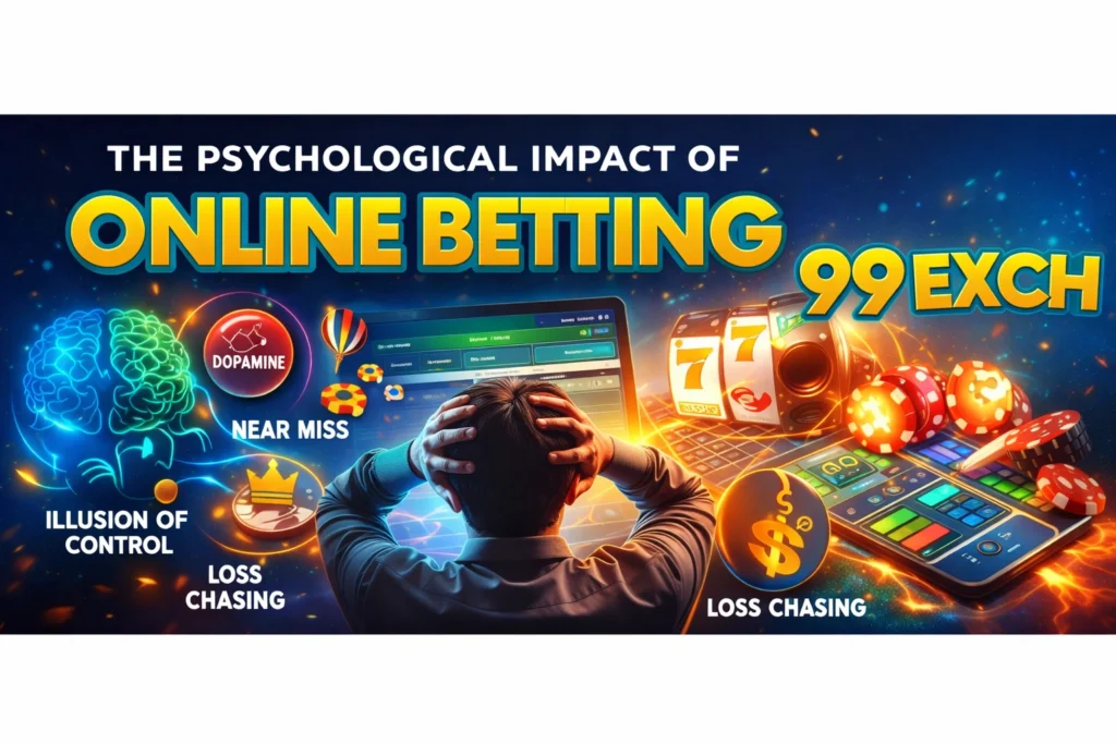 Illustration of psychological effects of online betting showing stress, addiction, and mental impact with 99EXCH logo