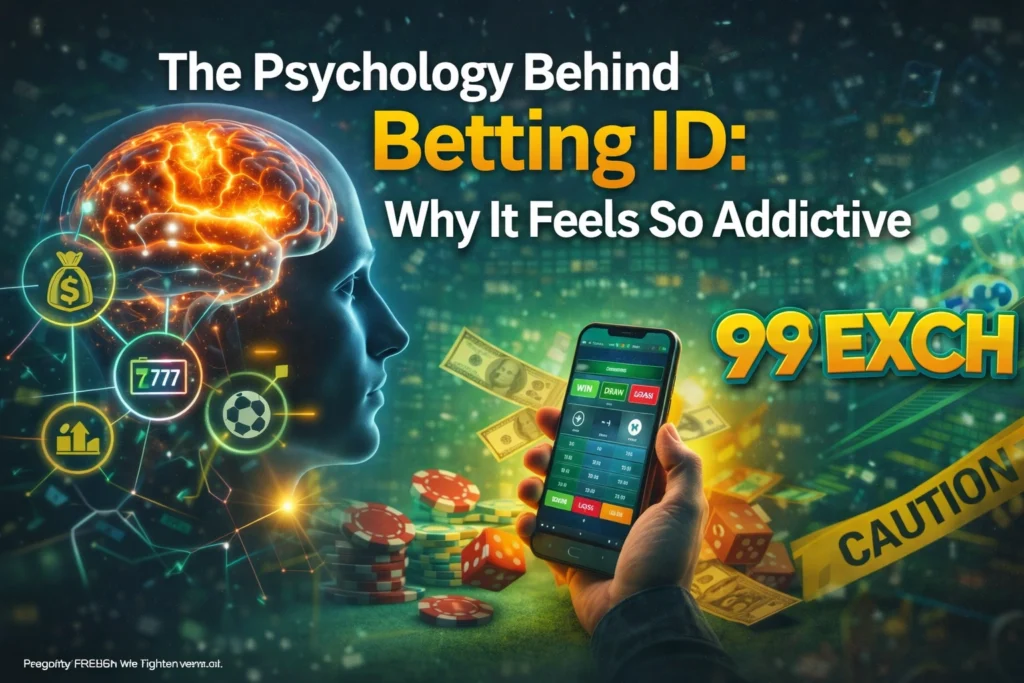 Psychology of betting addiction showing emotional triggers, brain reward system, mobile betting app, and 99Exch logo