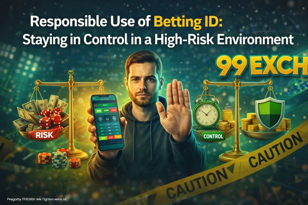 Responsible betting concept showing controlled use of betting ID, financial limits, mobile betting app, and 99Exch logo