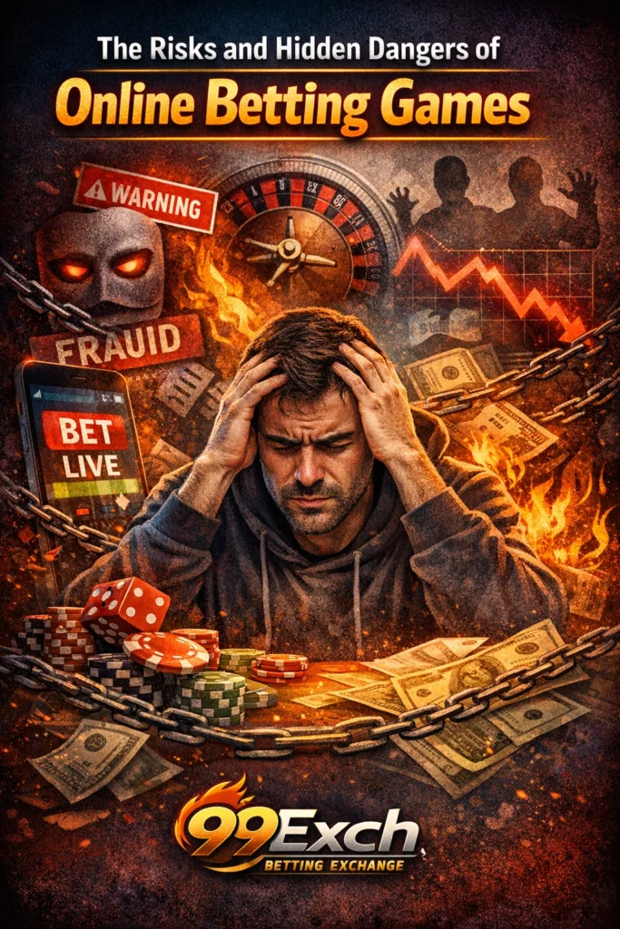 The risks and hidden dangers of online betting games showing 99EXCH logo with warning, fraud, and financial loss elements
