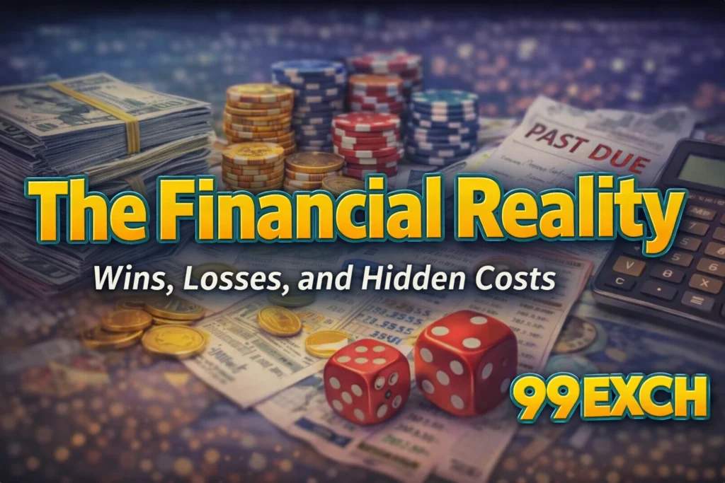 Financial reality of betting games showing cash, chips, dice, bills and 99EXCH logo
