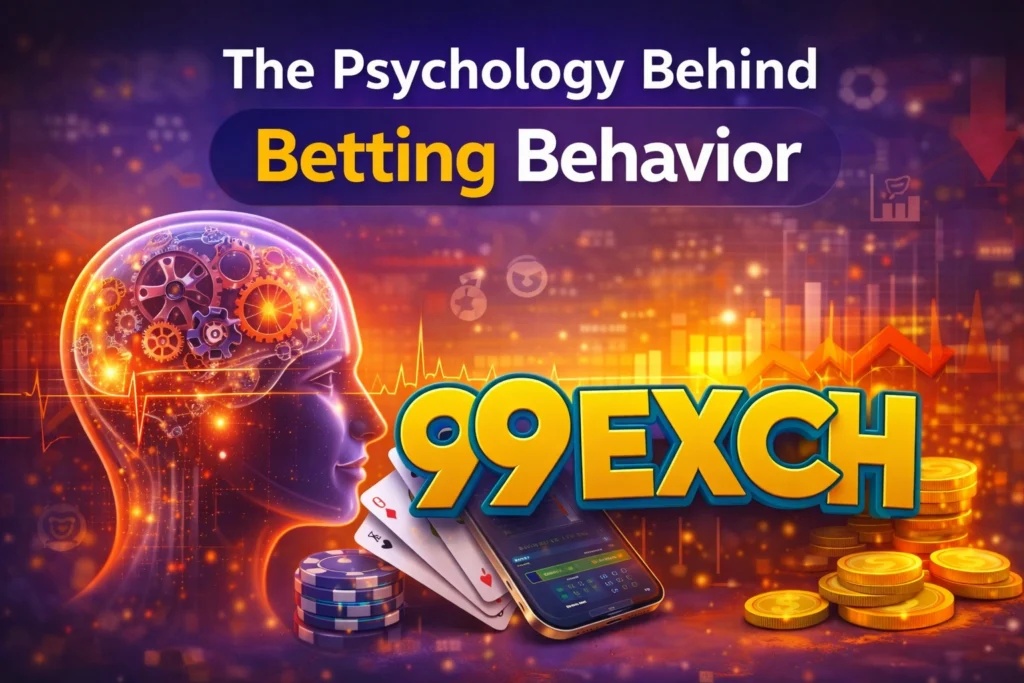 Psychology behind betting behavior with 99EXCH logo and gambling mindset concept