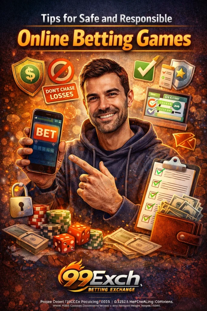 Safe and responsible online betting games banner with 99EXCH logo showing tips for controlled and secure betting