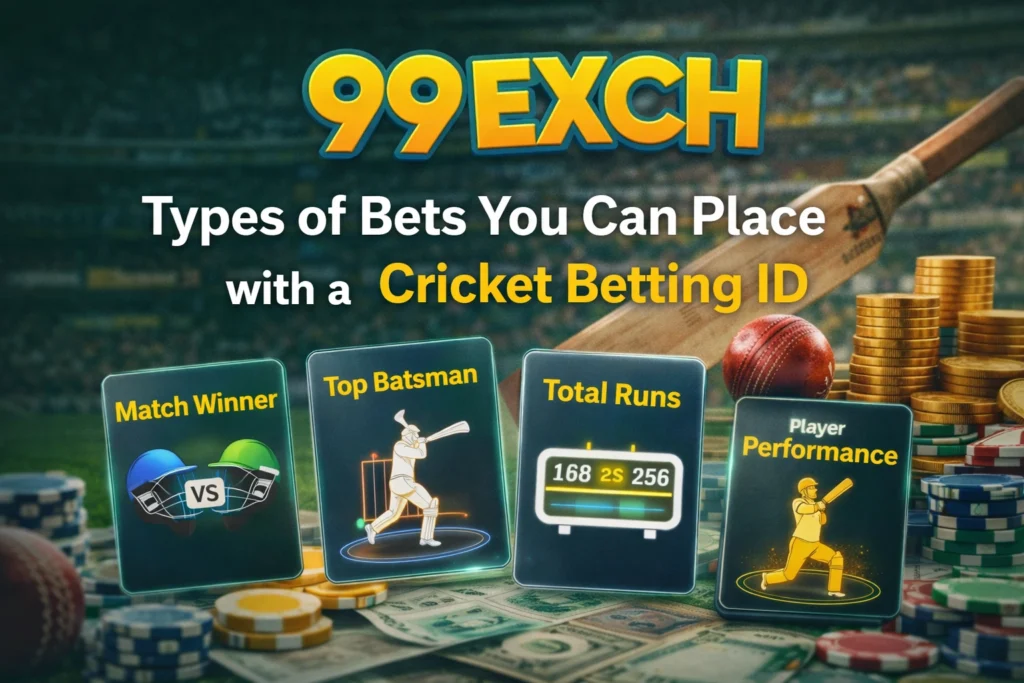 Types of bets in cricket betting ID with 99Exch logo showing match betting, session betting and live betting options