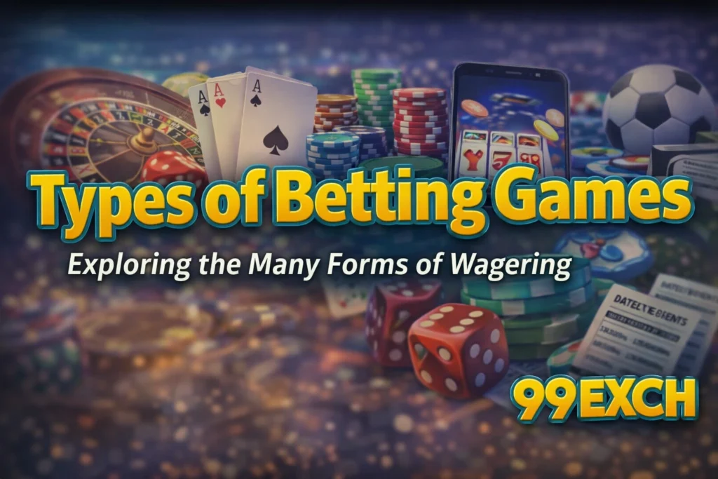 Types of betting games banner showing roulette, poker cards, dice, sports ball and 99EXCH logo
